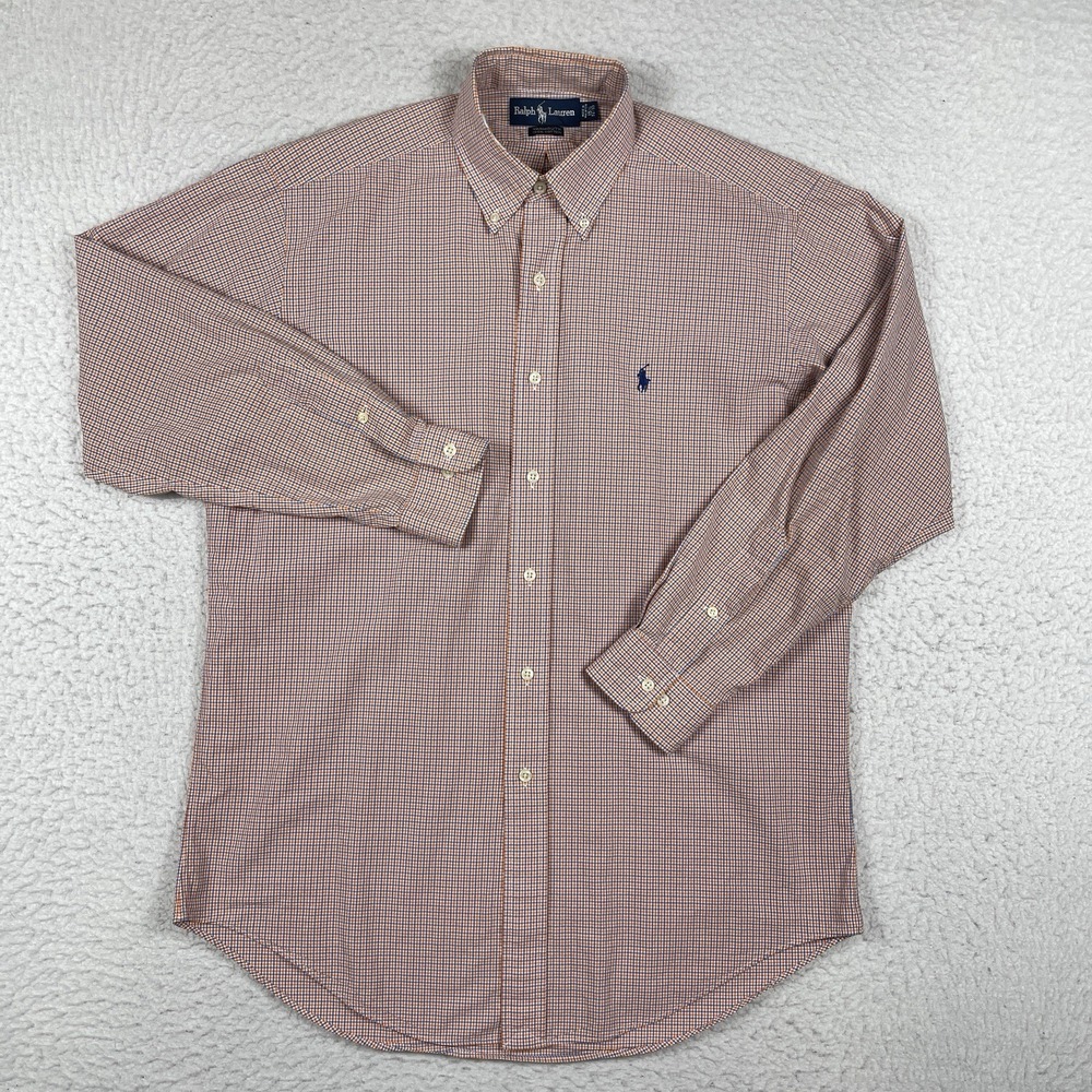 Ralph Lauren Shirt Mens 15.5-32/33 Orange Blue Plaid Yarmouth Vintage